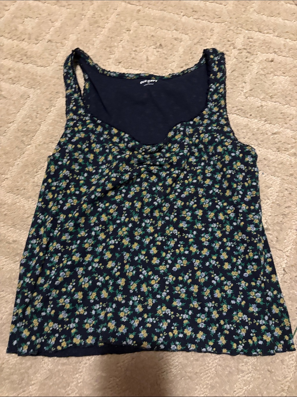 Old Navy Navy Tank Top with Green & Yellow Floral Print